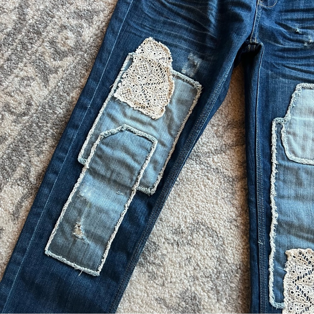 Dark Blue Women’s Patchwork Jeans with Lace Accents